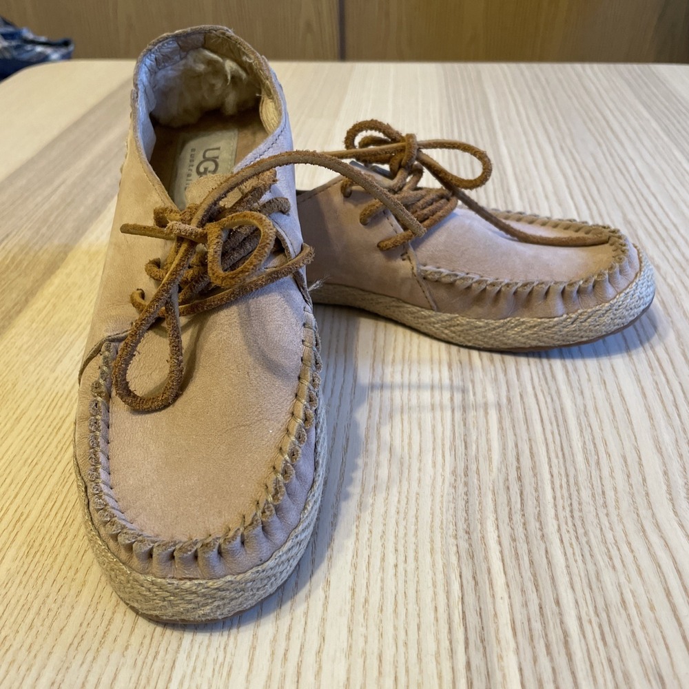 UGG Shoes Size 5.5 Australia Azin Brown‎ Tan Leather Moccasin Lace-Up Espadrille